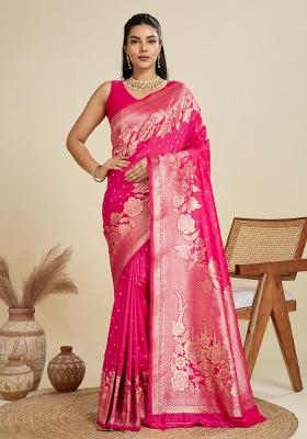 Pink Solid Silk Blend Saree Set