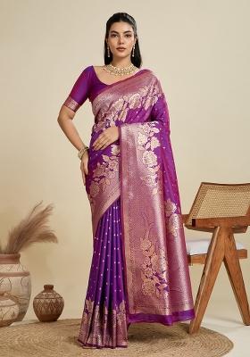 Purple Solid Silk Blend Saree Set