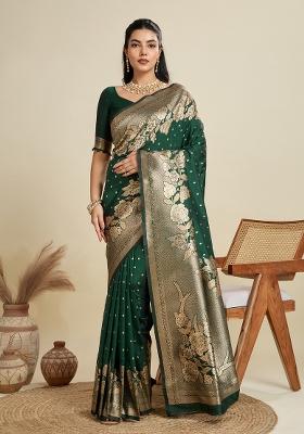 Green Solid Silk Blend Saree Set