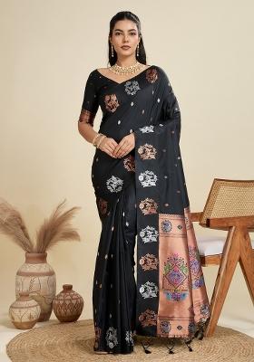 Black Solid Silk Blend Saree Set