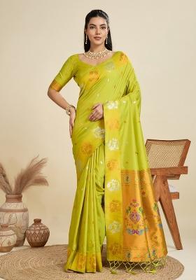 Lime Green Solid Silk Blend Saree Set