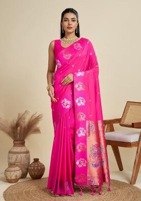 Pink Solid Silk Blend Saree Set