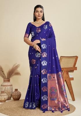 Royal Blue Solid Silk Blend Saree Set