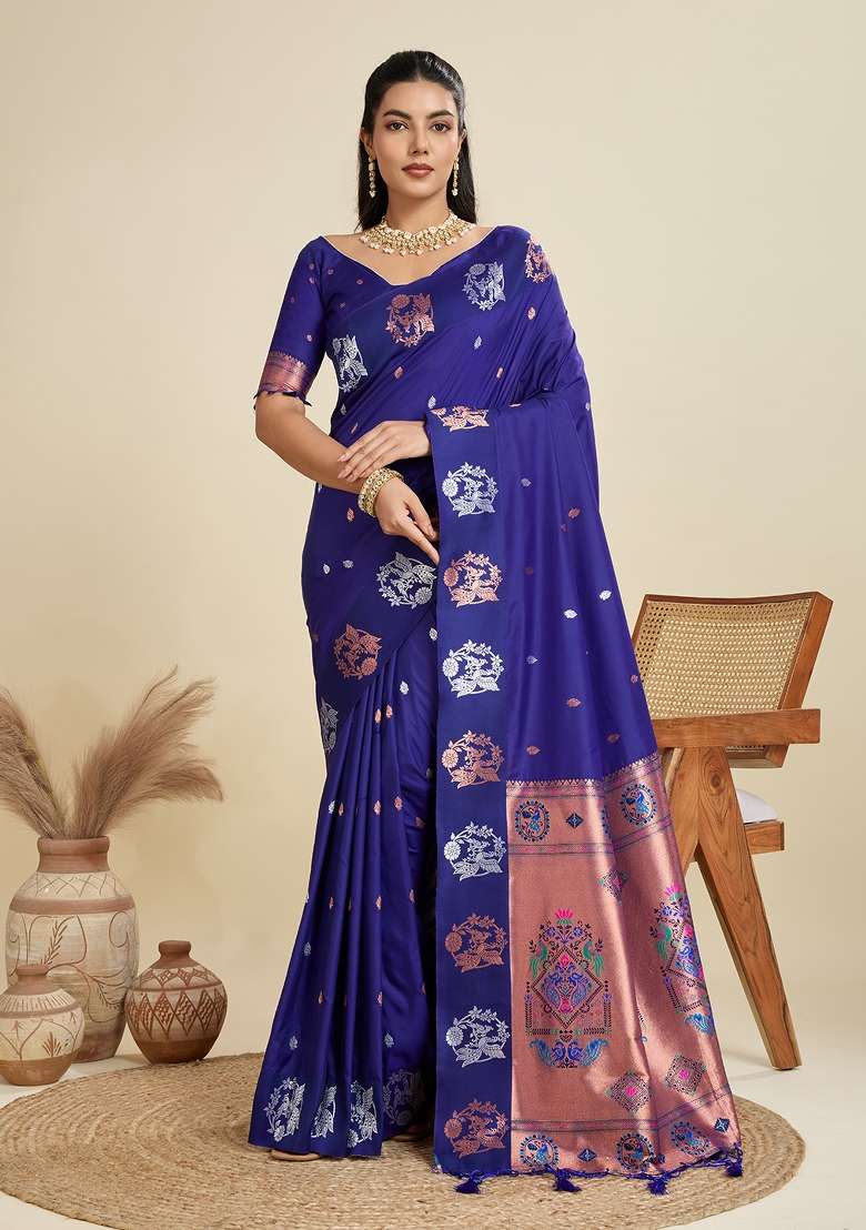 Royal Blue Solid Silk Blend Saree Set - Indya