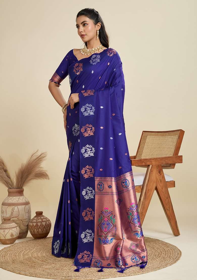 Royal Blue Solid Silk Blend Saree Set - Indya