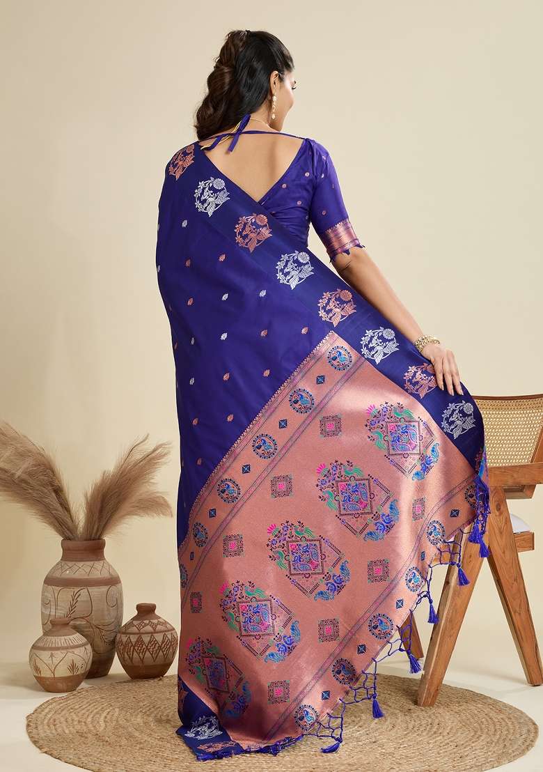 Royal Blue Solid Silk Blend Saree Set - Indya