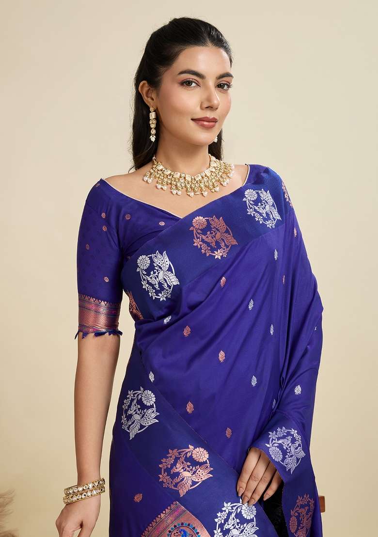 Royal Blue Solid Silk Blend Saree Set - Indya