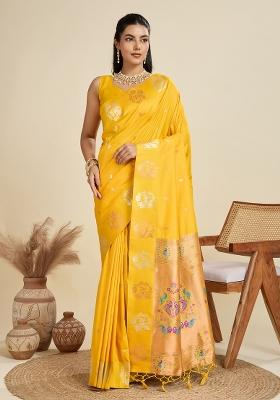 Yellow Solid Silk Blend Saree Set
