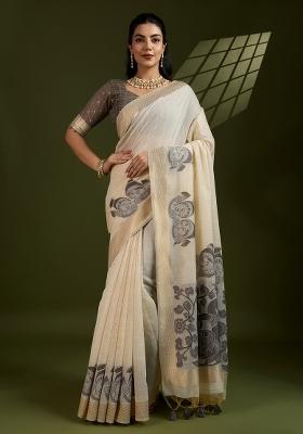 Grey Solid Cotton Saree Set
