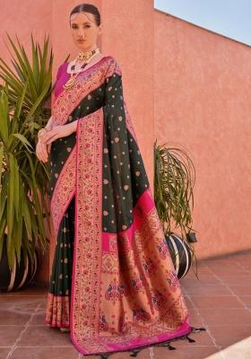 Black Solid Silk Blend Saree Set