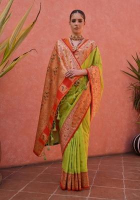 Lime Green Solid Silk Blend Saree Set