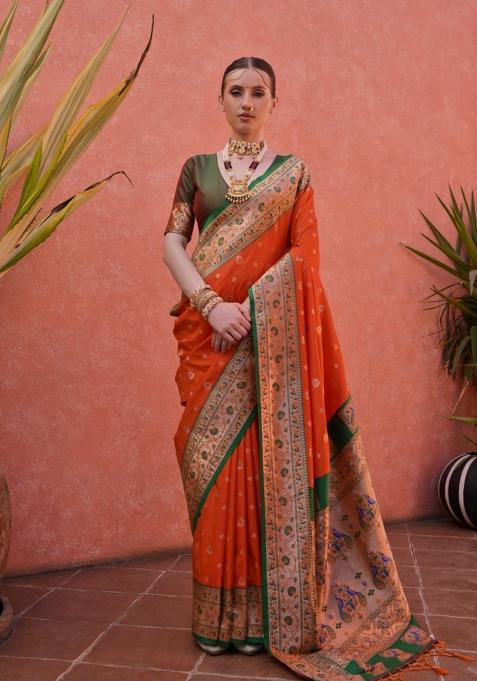 Orange Solid Silk Blend Saree Set