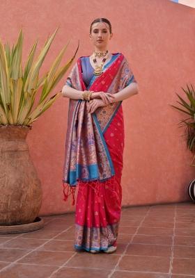Pink Solid Silk Blend Saree Set