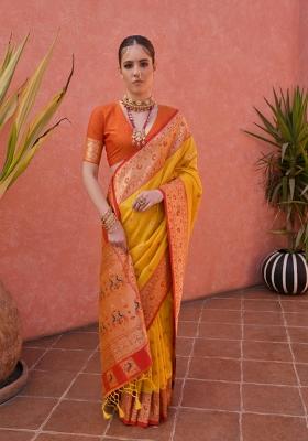 Yellow Solid Silk Blend Saree Set