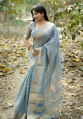 Blue Solid Silk Blend Saree Set