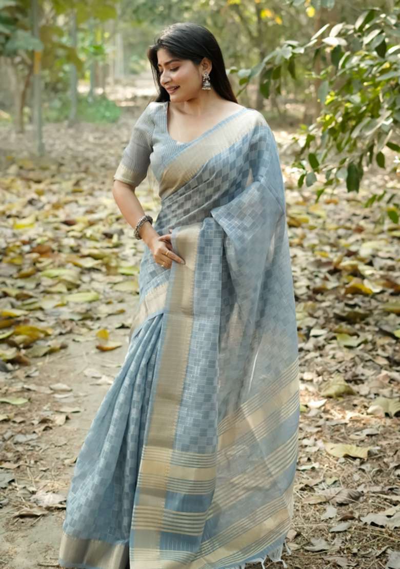 Blue Solid Silk Blend Saree Set - Indya