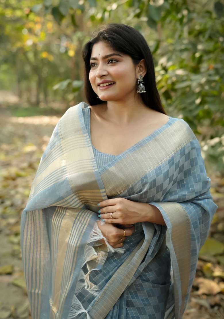 Blue Solid Silk Blend Saree Set - Indya