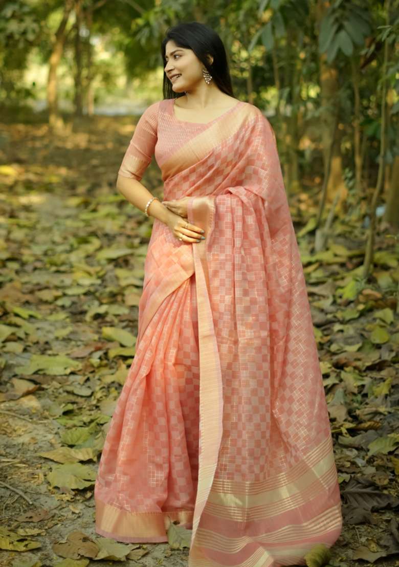 Peach Solid Silk Blend Saree Set - Indya