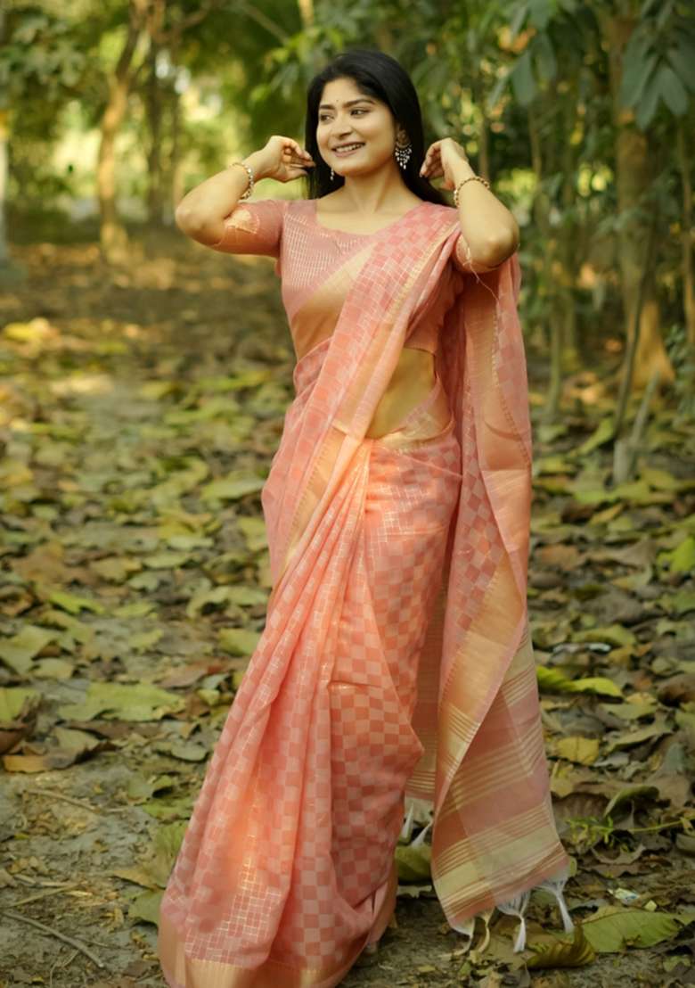 Peach Solid Silk Blend Saree Set - Indya