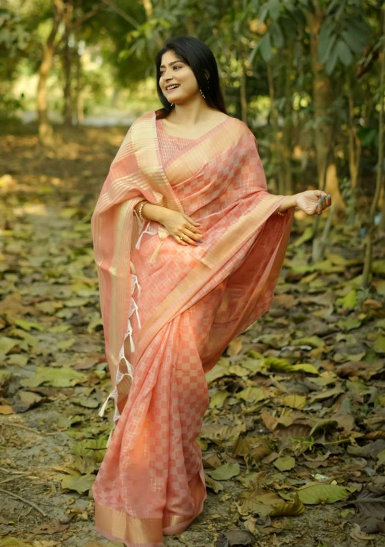 Peach Solid Silk Blend Saree Set - Indya