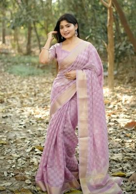 Purple Solid Silk Blend Saree Set