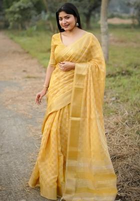 Yellow Solid Silk Blend Saree Set