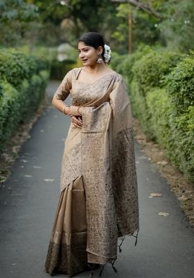 Beige Solid Silk Blend Saree Set