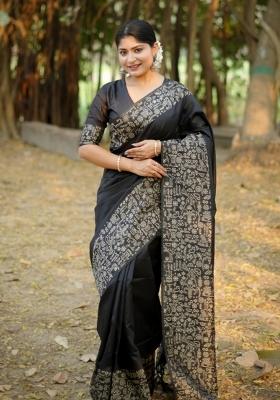 Black Solid Silk Blend Saree Set