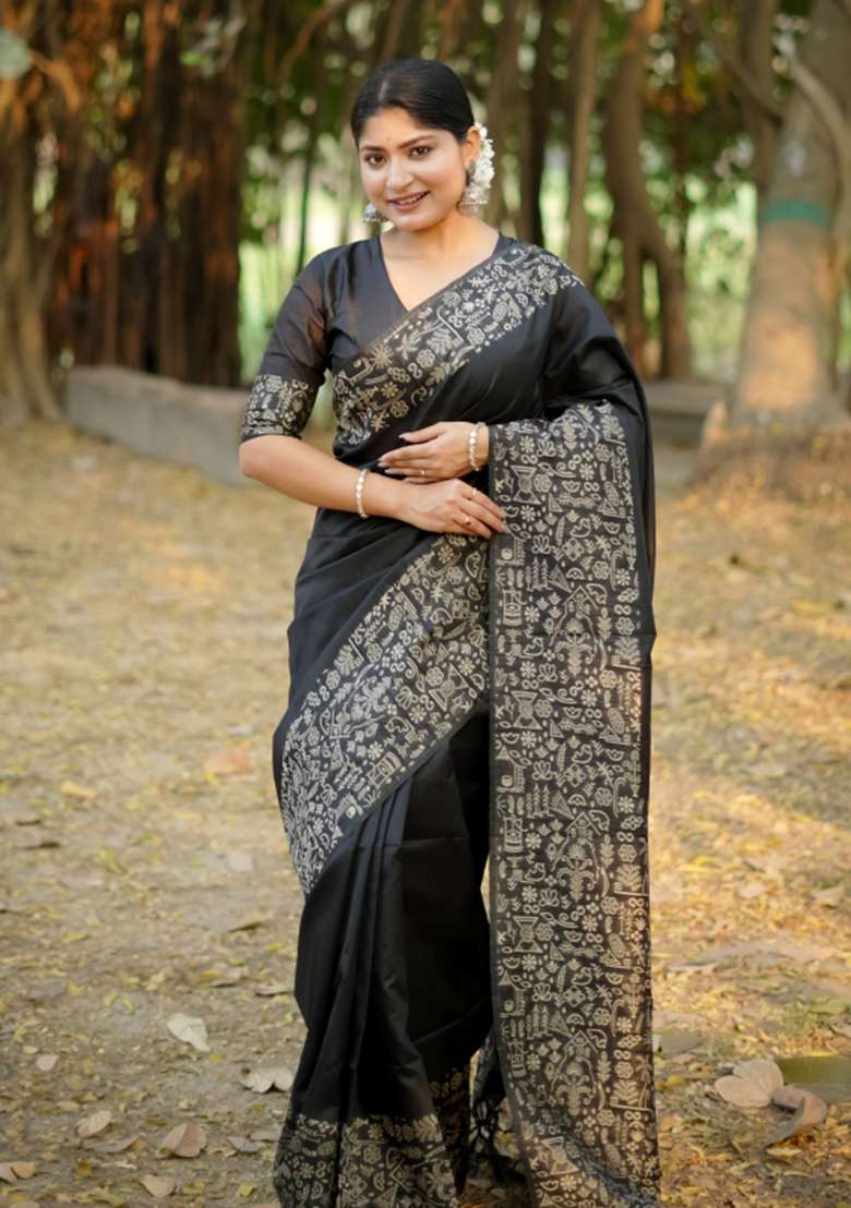 Black Solid Silk Blend Saree Set - Indya