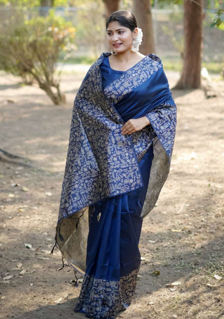 Blue Solid Silk Blend Saree Set - Indya
