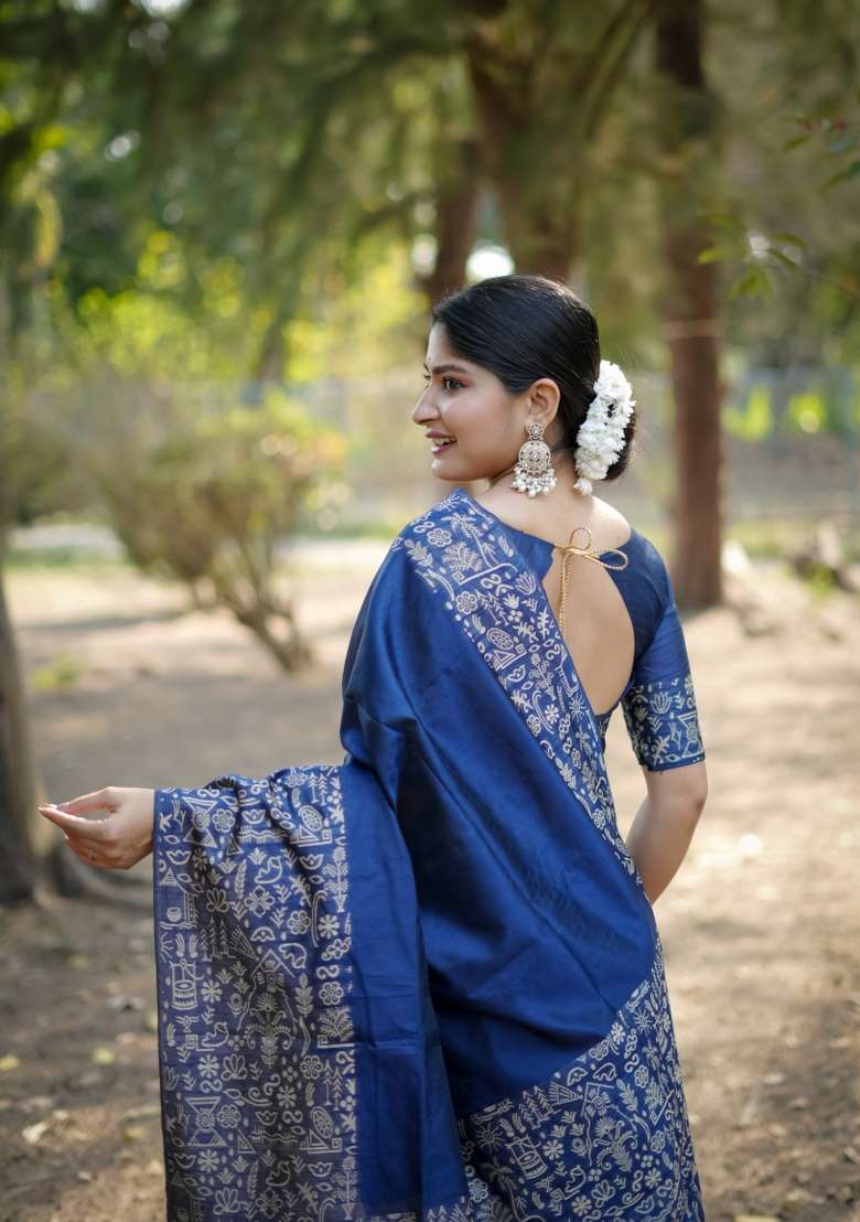 Blue Solid Silk Blend Saree Set - Indya