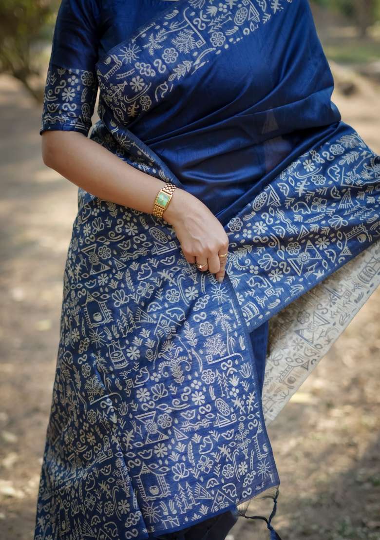 Blue Solid Silk Blend Saree Set - Indya