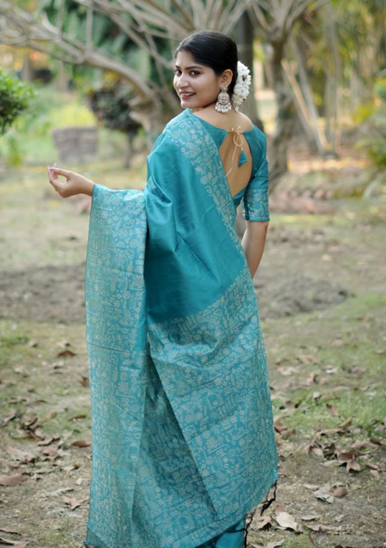 Firozi Solid Silk Blend Saree Set - Indya