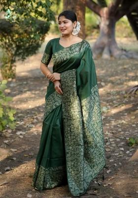 Green Solid Silk Blend Saree Set