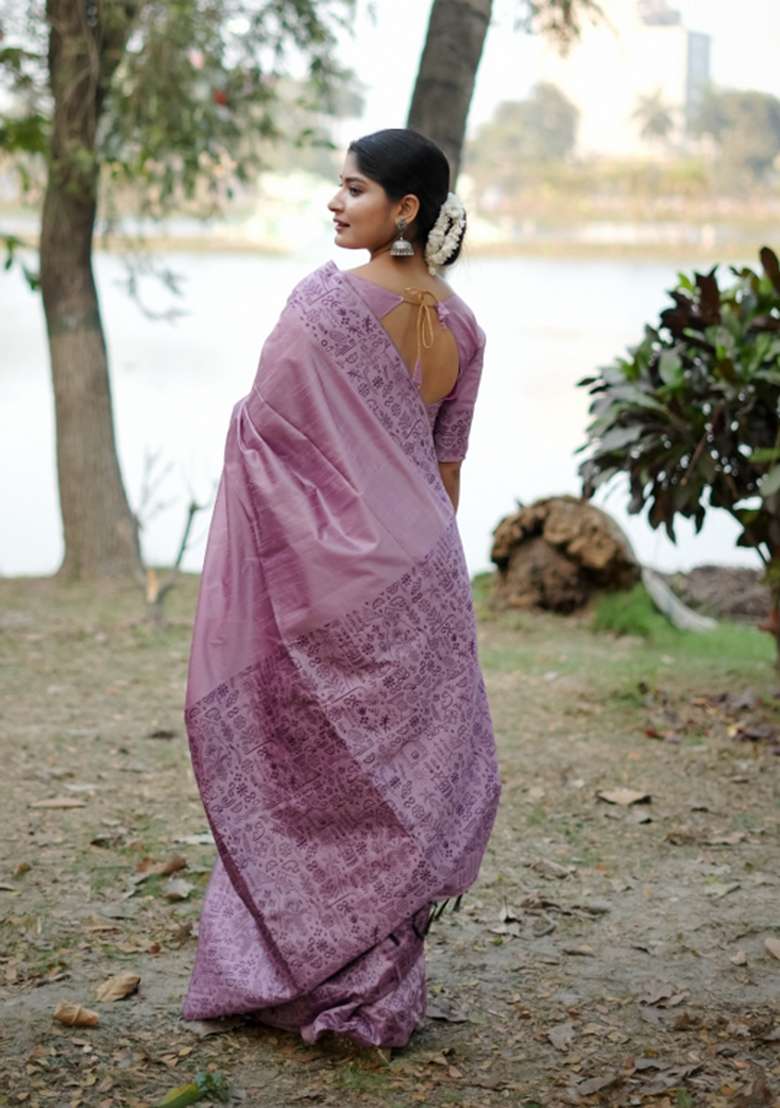 Lavender Solid Silk Blend Saree Set - Indya