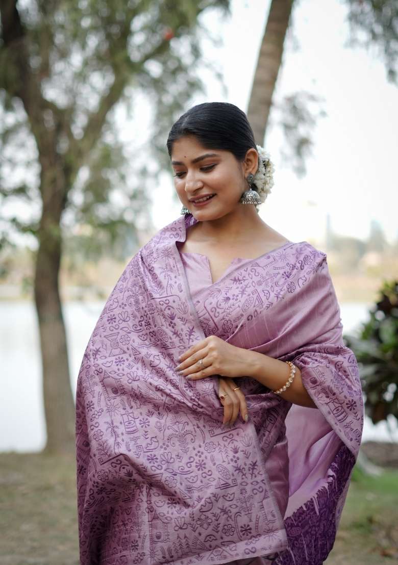 Lavender Solid Silk Blend Saree Set - Indya