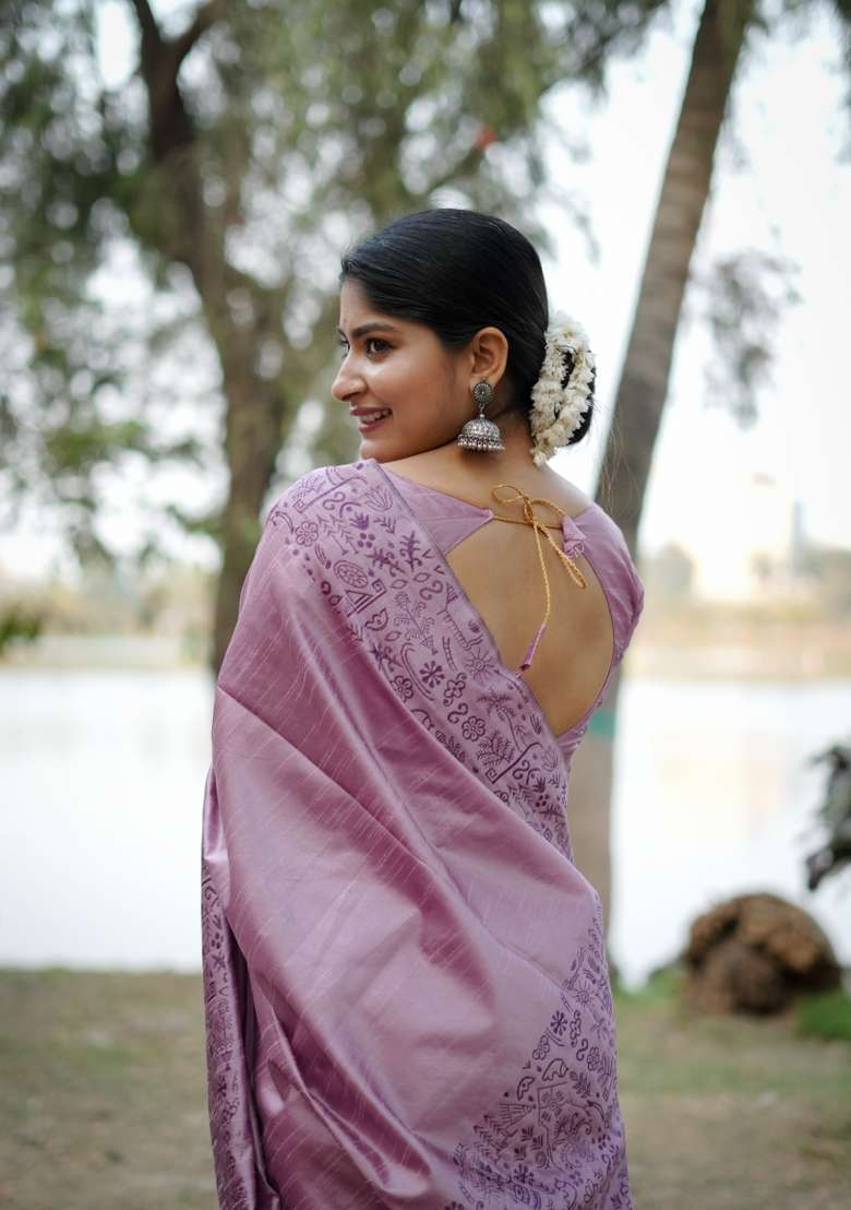Lavender Solid Silk Blend Saree Set - Indya