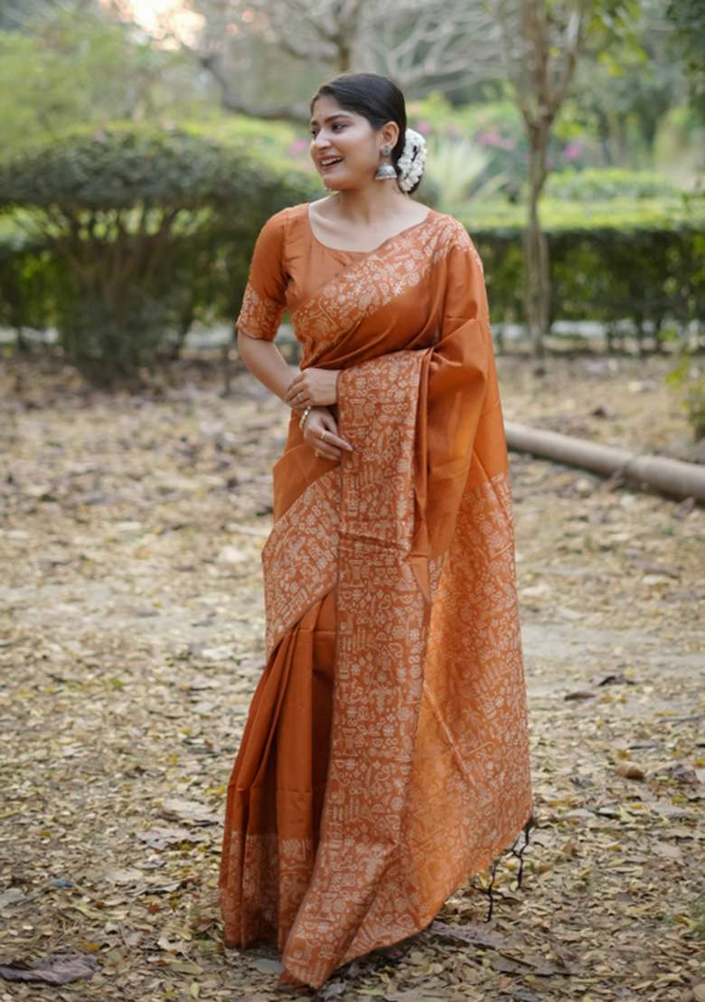 Orange Solid Silk Blend Saree Set - Indya