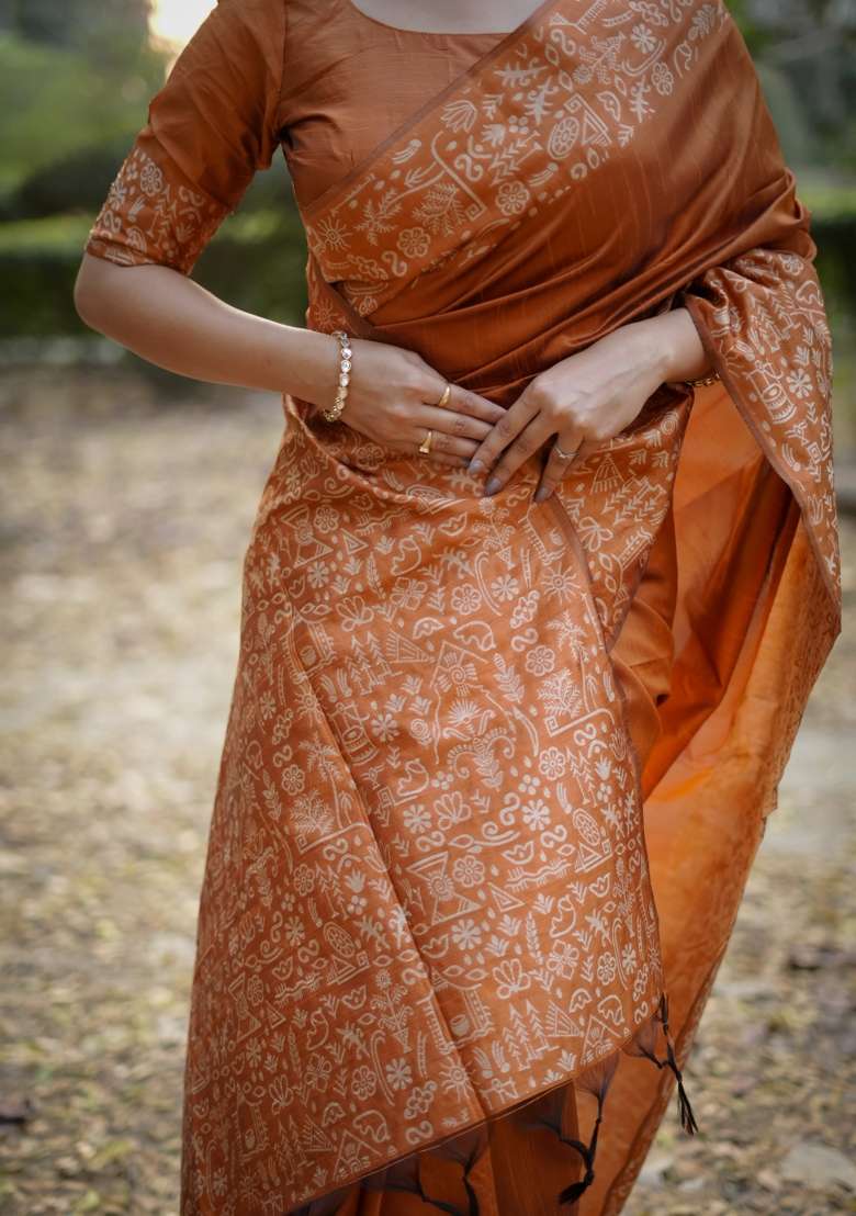 Orange Solid Silk Blend Saree Set - Indya