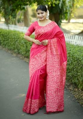 Pink Solid Silk Blend Saree Set