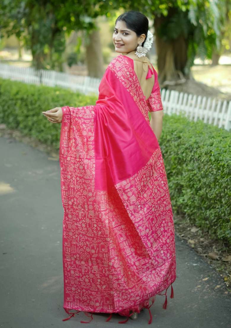 Pink Solid Silk Blend Saree Set - Indya