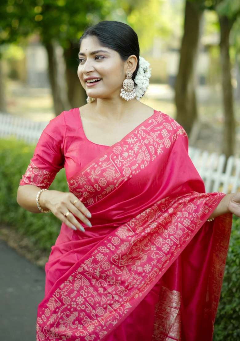 Pink Solid Silk Blend Saree Set - Indya