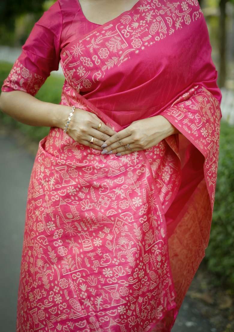 Pink Solid Silk Blend Saree Set - Indya