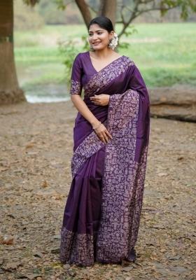 Purple Solid Silk Blend Saree Set