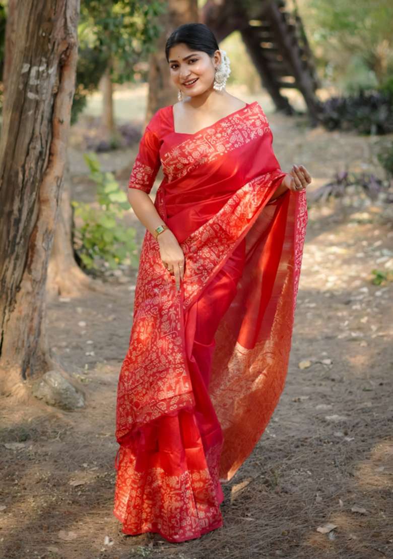 Red Solid Silk Blend Saree Set - Indya