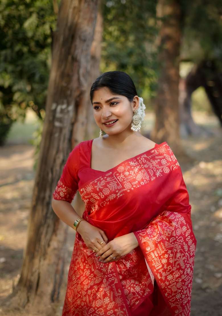 Red Solid Silk Blend Saree Set - Indya