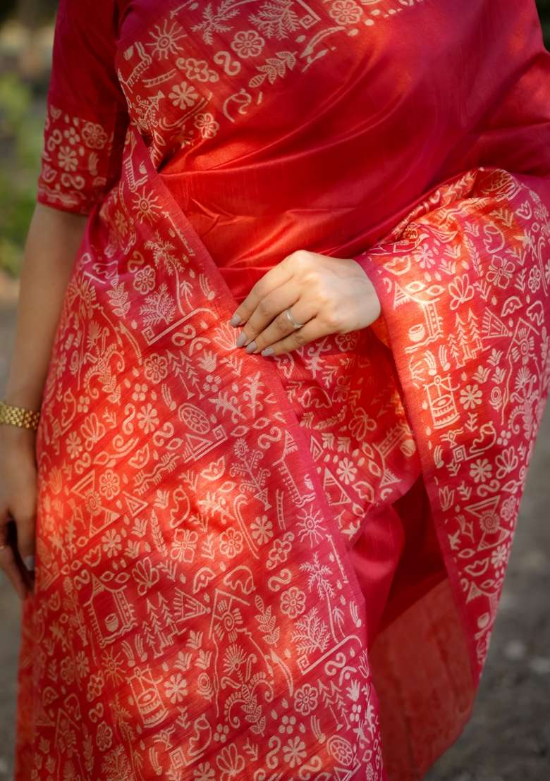 Red Solid Silk Blend Saree Set - Indya