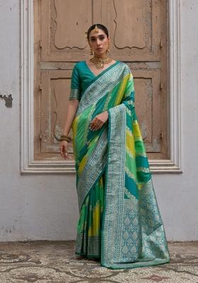 Green Solid Silk Blend Saree Set