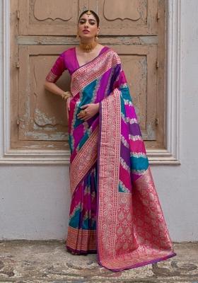 Pink Solid Silk Blend Saree Set