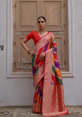 Red Solid Silk Blend Saree Set